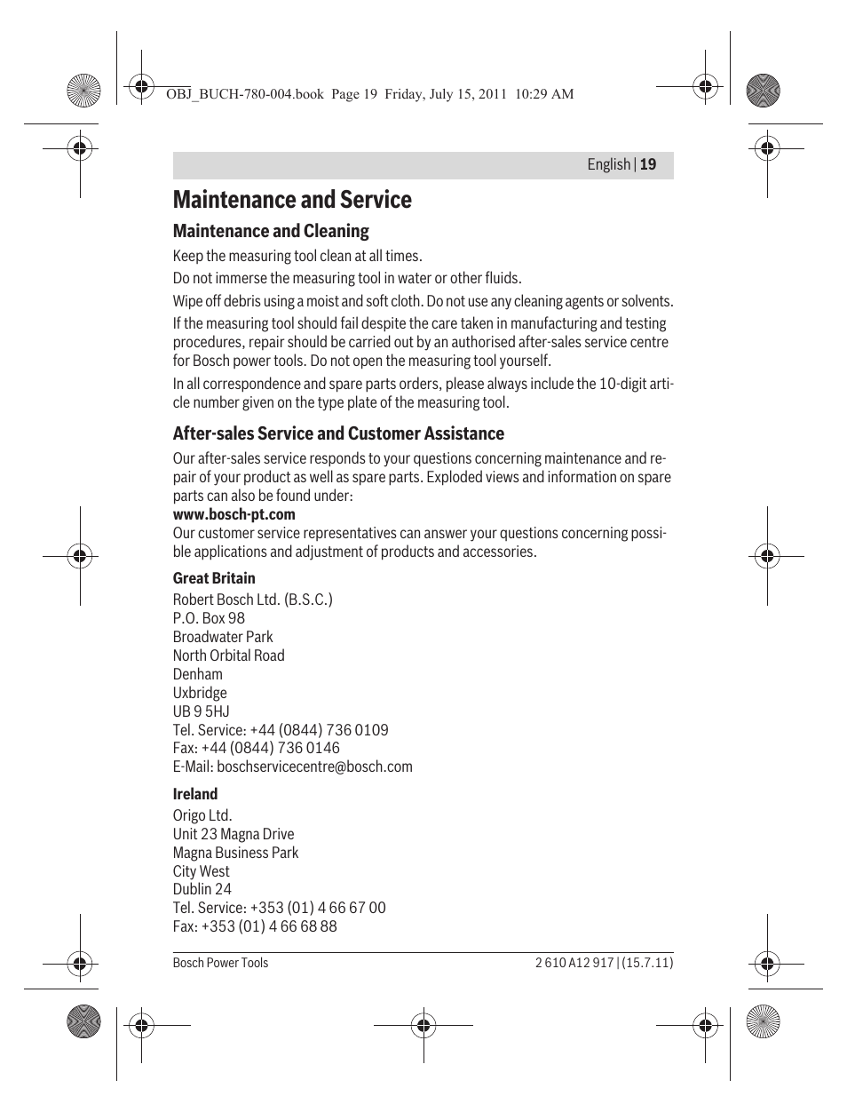 Maintenance and service | Bosch LR 1 Professional User Manual | Page 19 / 232