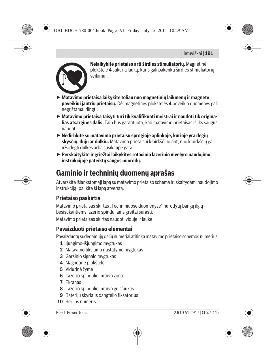 Gaminio ir techninių duomenų aprašas | Bosch LR 1 Professional User Manual | Page 191 / 232