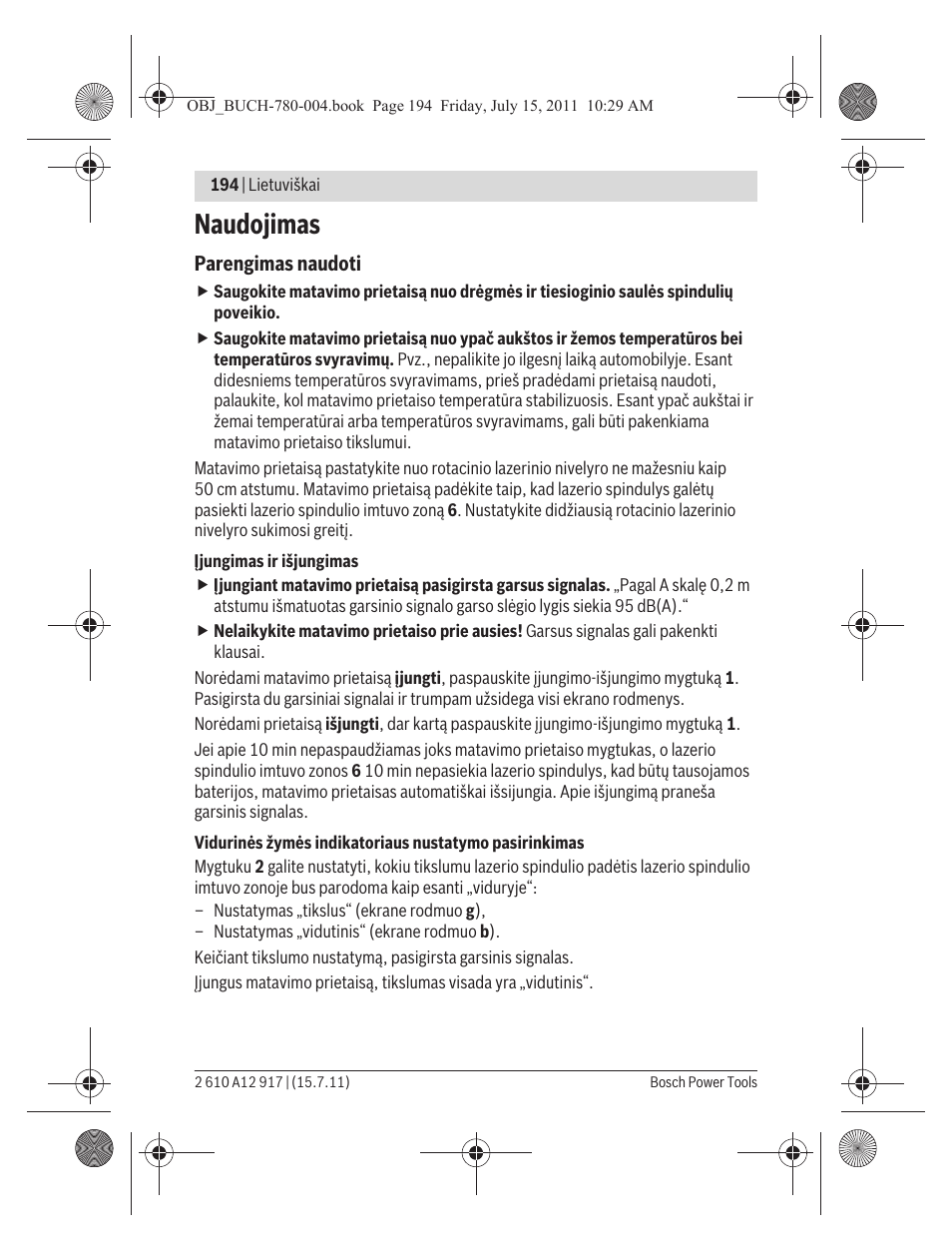 Naudojimas | Bosch LR 1 Professional User Manual | Page 194 / 232