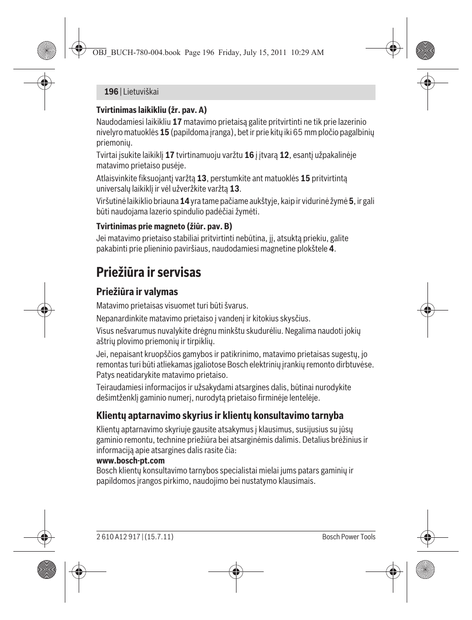 Priežiūra ir servisas | Bosch LR 1 Professional User Manual | Page 196 / 232