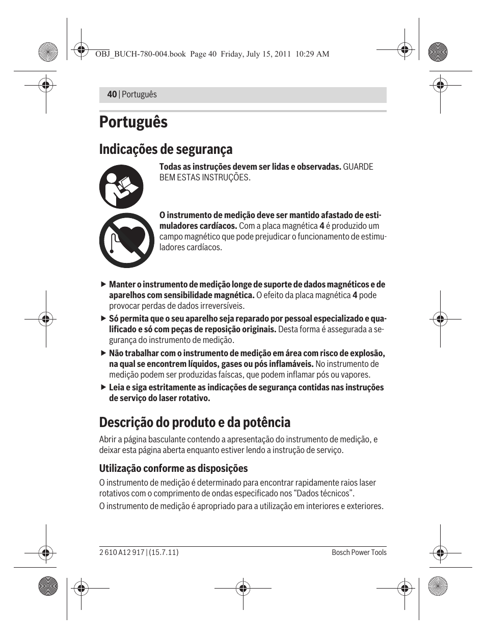 Português, Indicações de segurança, Descrição do produto e da potência | Bosch LR 1 Professional User Manual | Page 40 / 232