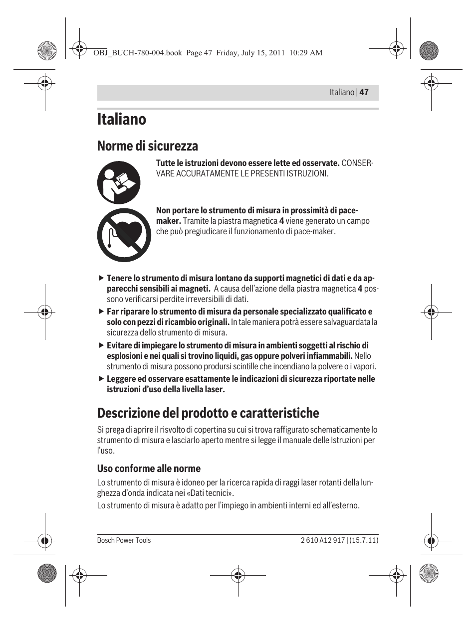 Italiano, Norme di sicurezza, Descrizione del prodotto e caratteristiche | Bosch LR 1 Professional User Manual | Page 47 / 232