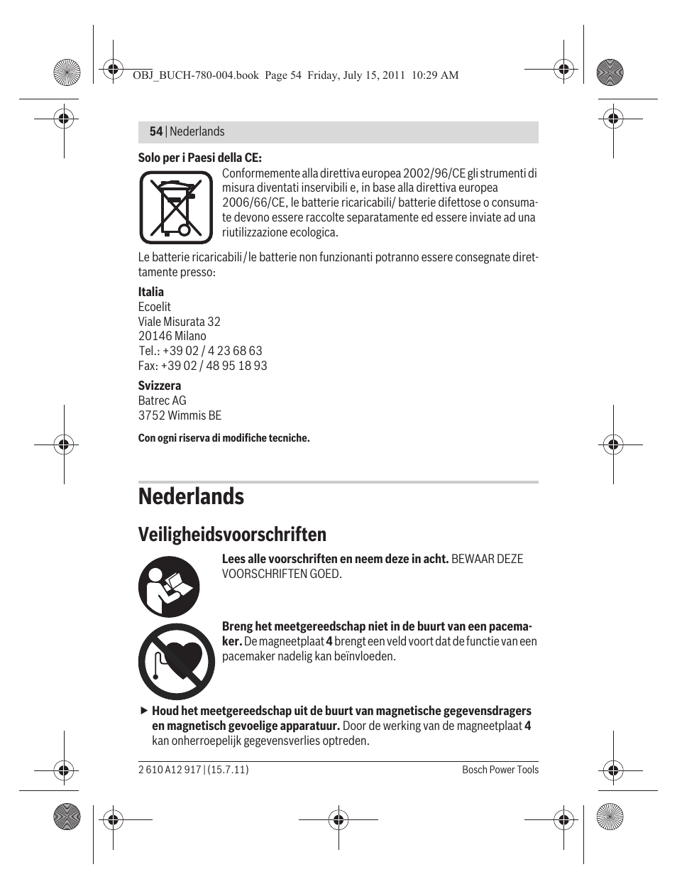 Nederlands, Veiligheidsvoorschriften | Bosch LR 1 Professional User Manual | Page 54 / 232