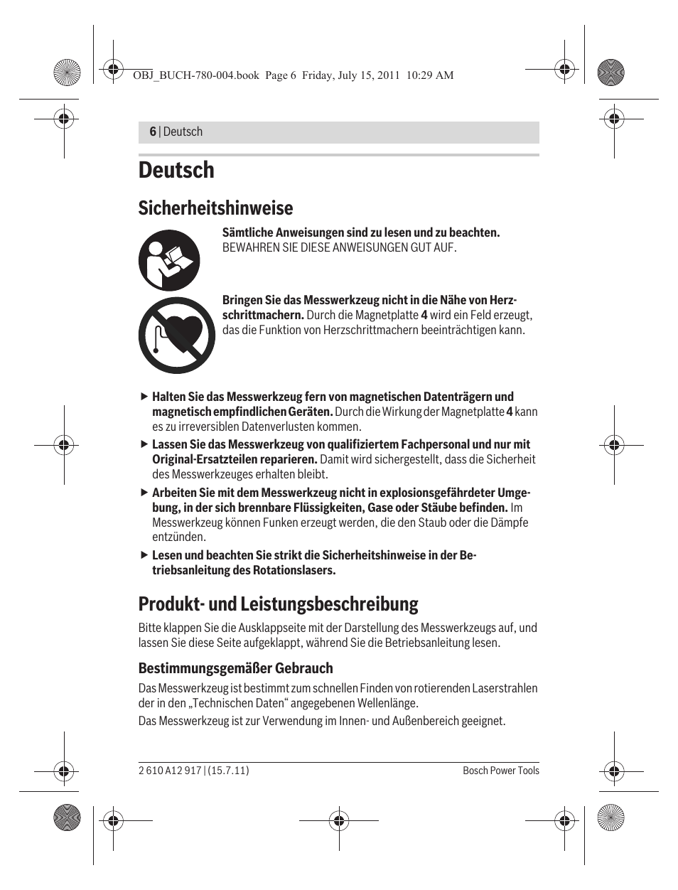 Deutsch, Sicherheitshinweise, Produkt- und leistungsbeschreibung | Bosch LR 1 Professional User Manual | Page 6 / 232