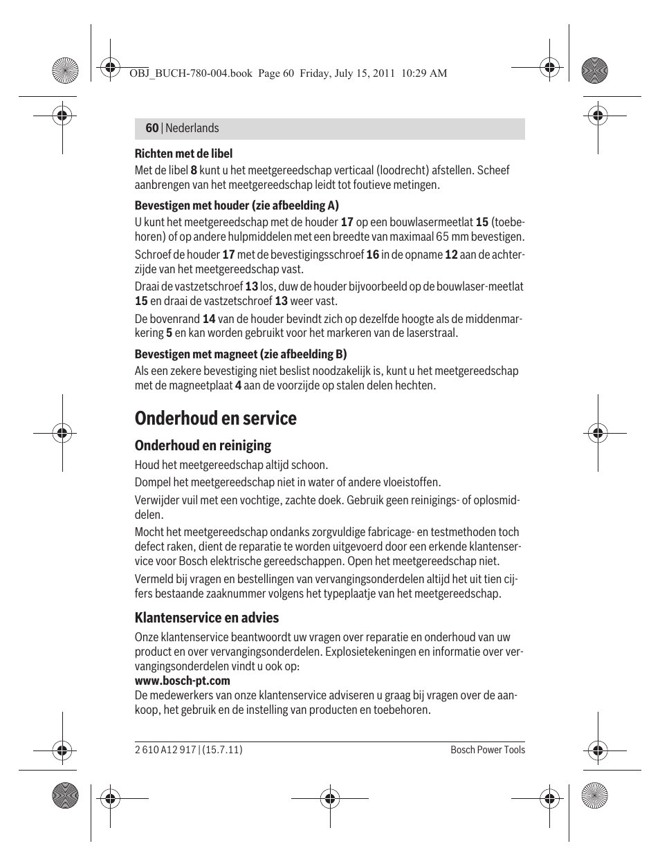 Onderhoud en service | Bosch LR 1 Professional User Manual | Page 60 / 232