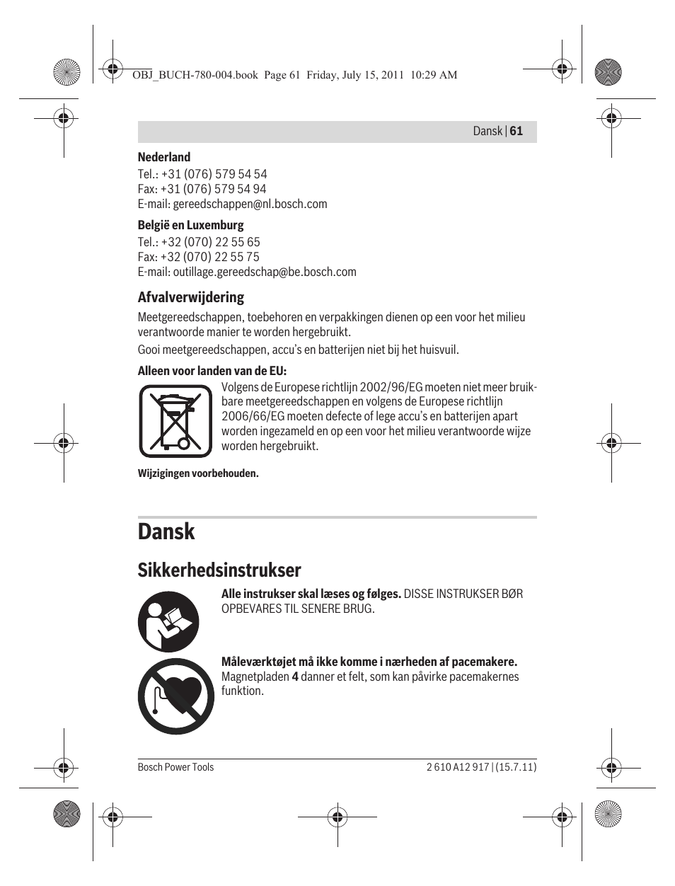 Dansk, Sikkerhedsinstrukser | Bosch LR 1 Professional User Manual | Page 61 / 232