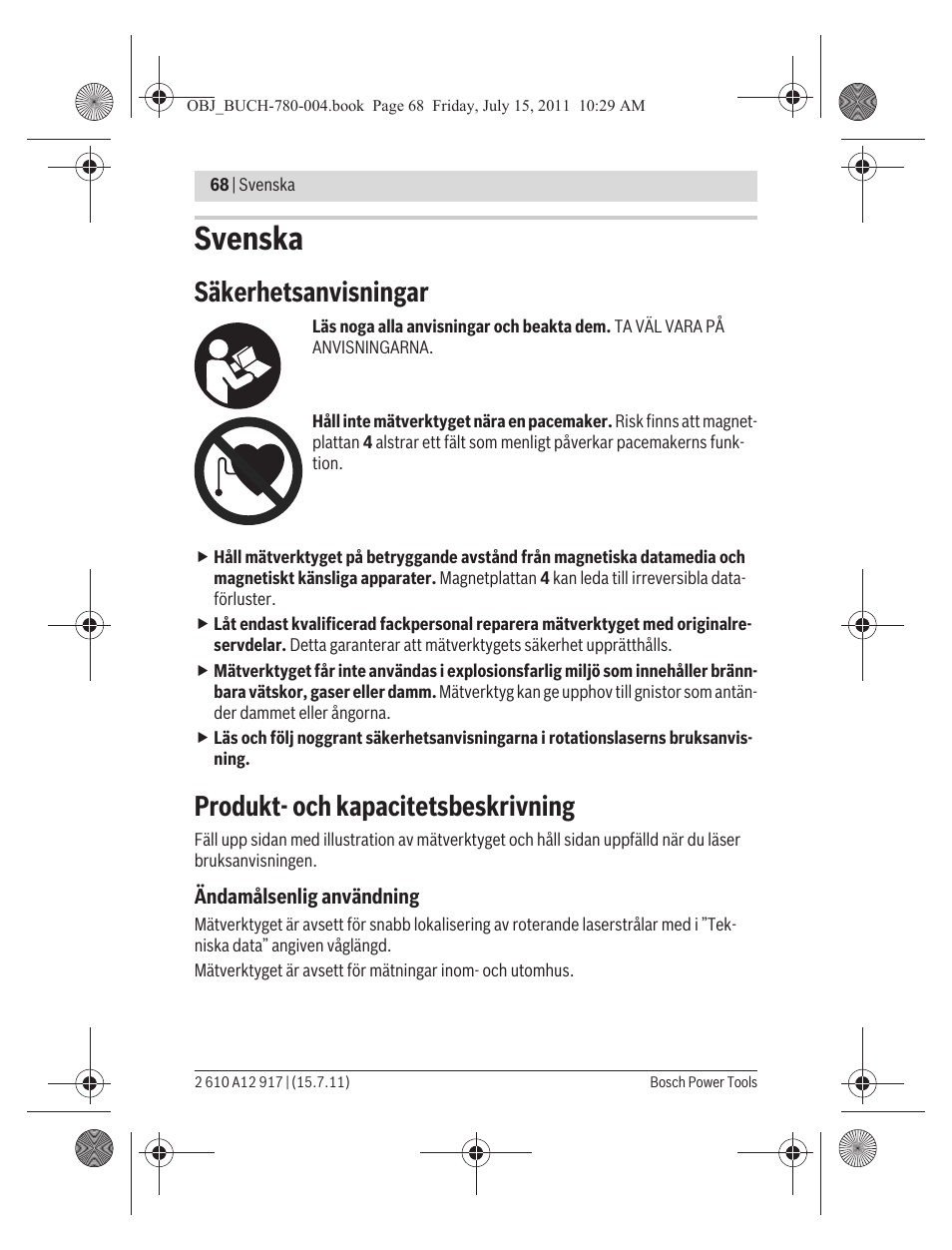 Svenska, Säkerhetsanvisningar, Produkt- och kapacitetsbeskrivning | Bosch LR 1 Professional User Manual | Page 68 / 232