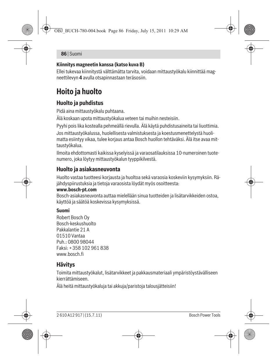 Hoito ja huolto | Bosch LR 1 Professional User Manual | Page 86 / 232