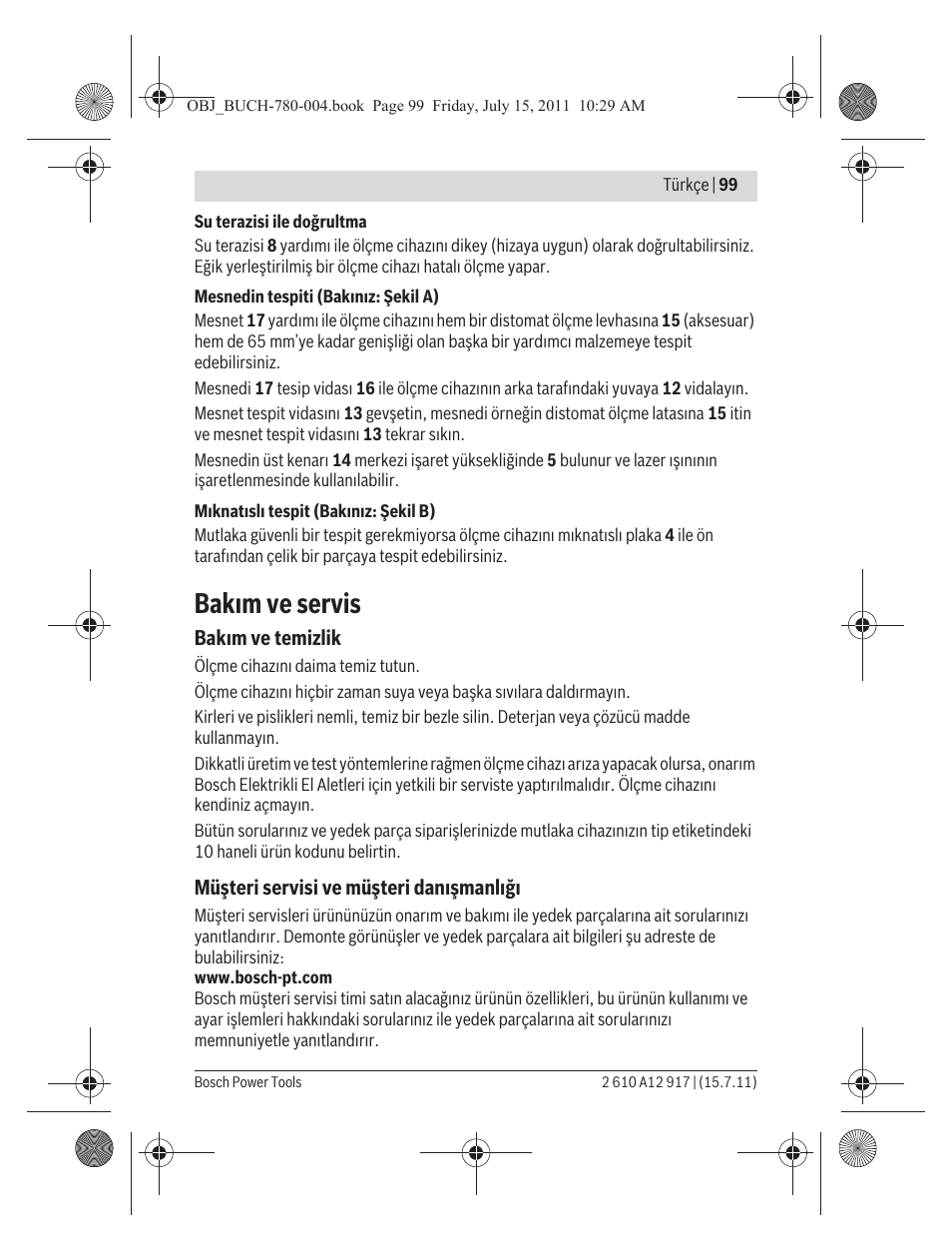 Bak m ve servis | Bosch LR 1 Professional User Manual | Page 99 / 232