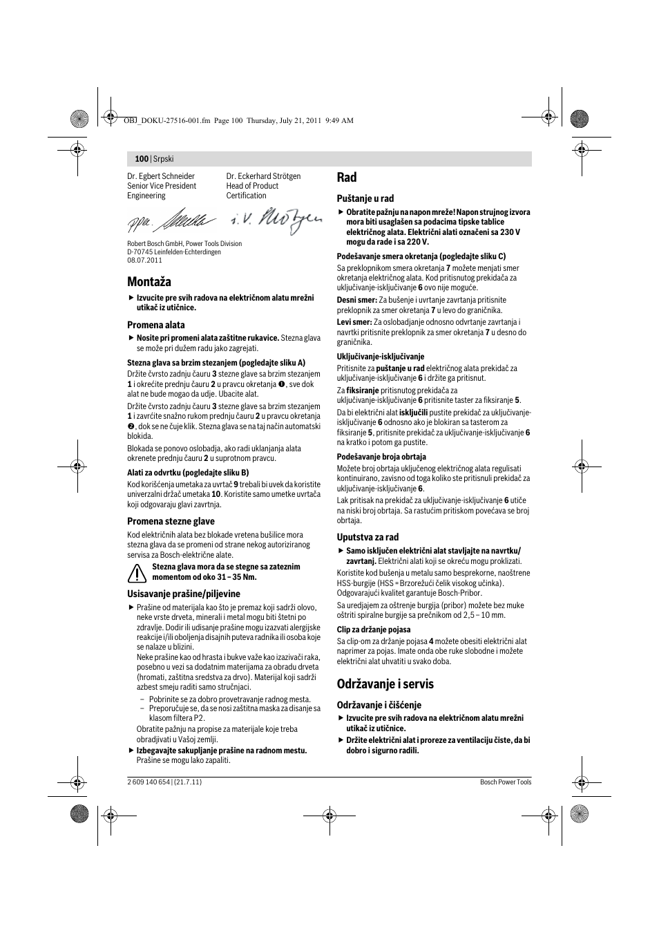 Montaža, Održavanje i servis | Bosch GBM 6 RE Professional User Manual | Page 100 / 130