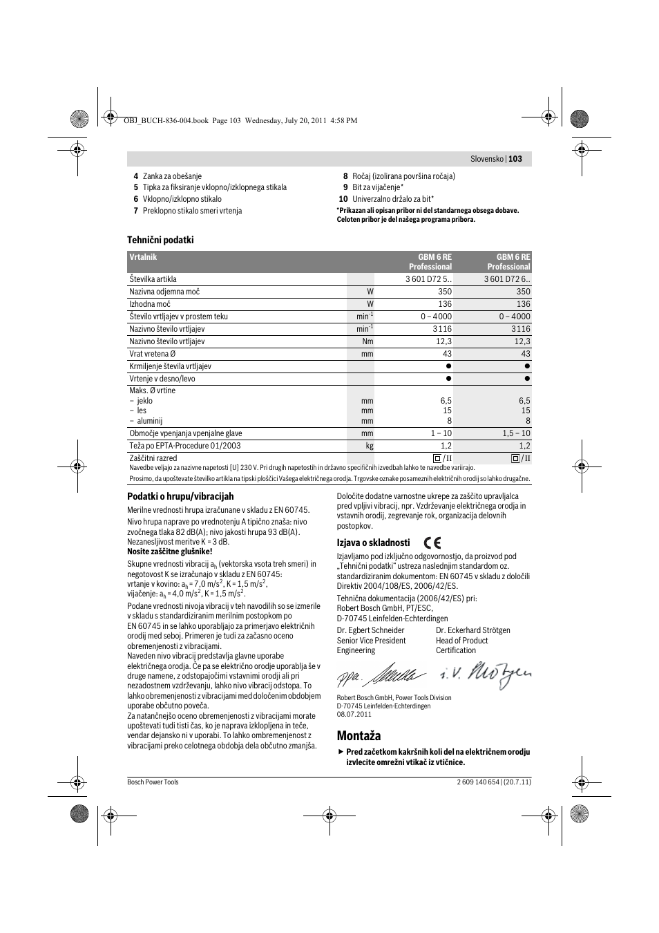 Montaža | Bosch GBM 6 RE Professional User Manual | Page 103 / 130