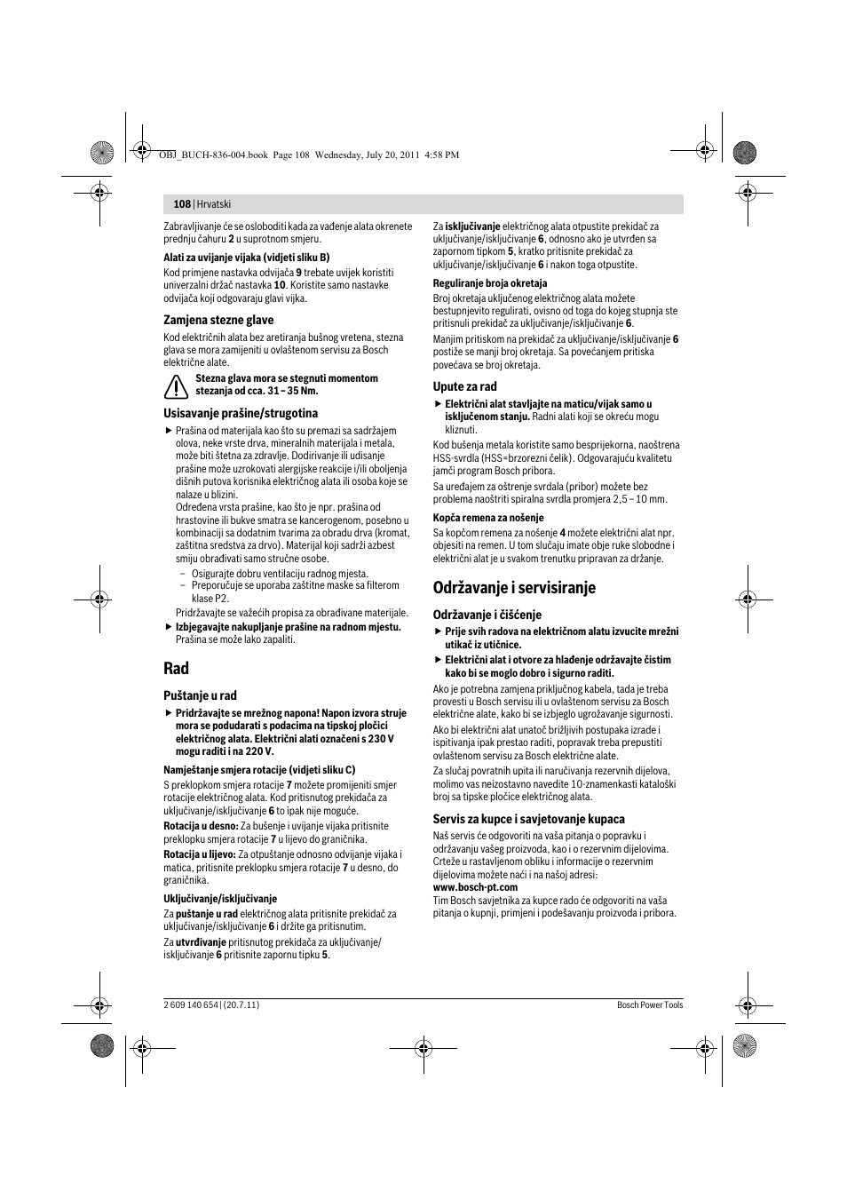 Održavanje i servisiranje | Bosch GBM 6 RE Professional User Manual | Page 108 / 130