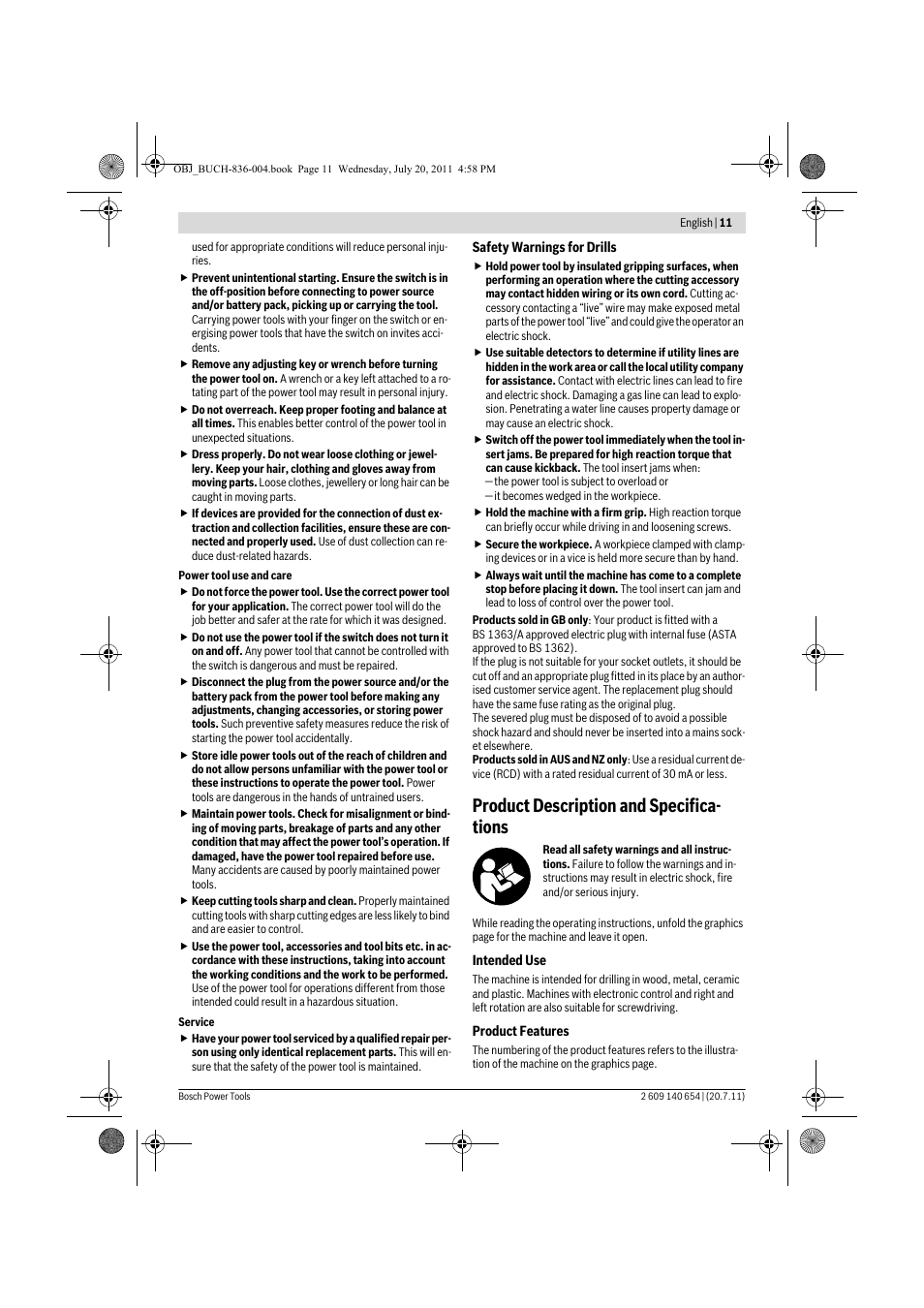 Product description and specifica- tions | Bosch GBM 6 RE Professional User Manual | Page 11 / 130
