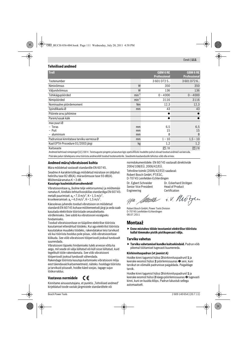 Montaaž | Bosch GBM 6 RE Professional User Manual | Page 111 / 130