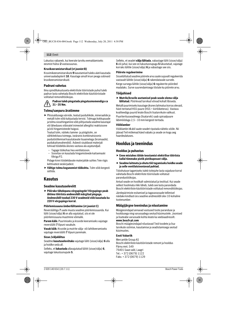 Kasutus, Hooldus ja teenindus | Bosch GBM 6 RE Professional User Manual | Page 112 / 130