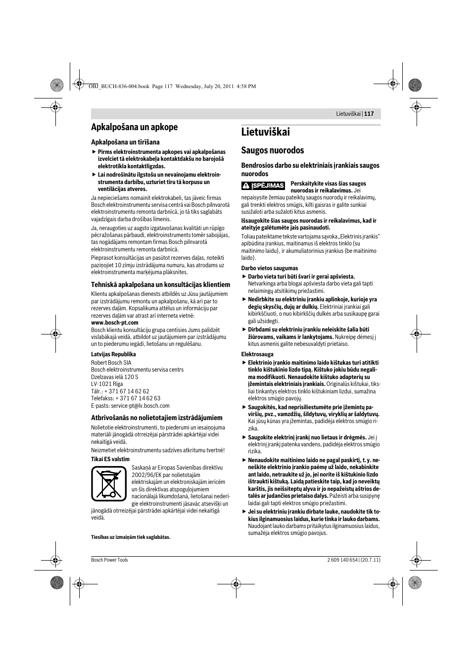 Lietuviškai, Apkalpošana un apkope, Saugos nuorodos | Bosch GBM 6 RE Professional User Manual | Page 117 / 130
