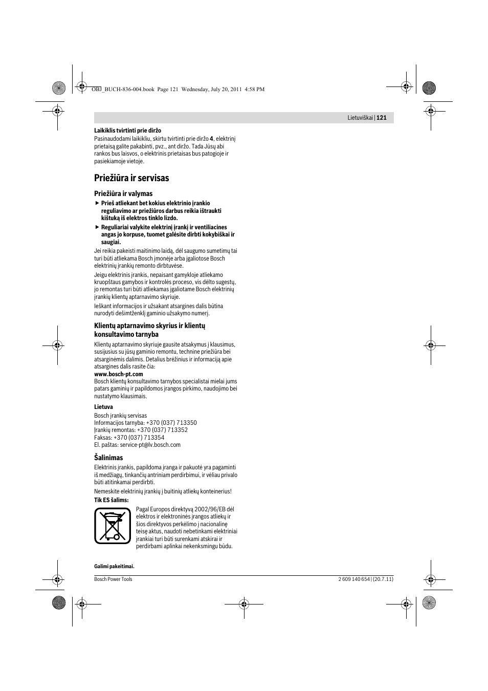 Priežiūra ir servisas | Bosch GBM 6 RE Professional User Manual | Page 121 / 130