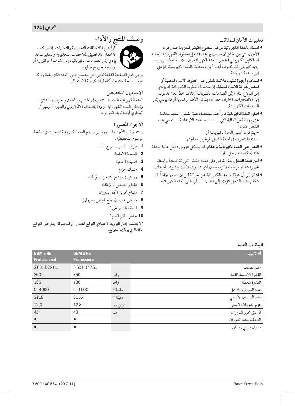 ﺀﺍﺩﻷﺍﻭ ﺞﹶﺘﻨﳌﺍ ﻒﺻﻭ, ﻲﺑﺮﻋ, ﺐﻗﺎﺜﻤﻠﻟ ﻥﺎﻣﻷﺍ ﺕﲈﻴﻠﻌﺗ | ﺺﺼﺨﳌﺍ ﻝﲈﻌﺘﺳﻻﺍ, ﺓﺭﻮﺼﳌﺍ ﺀﺍﺰﺟﻷﺍ, ﺔﻴﻨﻔﻟﺍ ﺕﺎﻧﺎﻴﺒﻟﺍ | Bosch GBM 6 RE Professional User Manual | Page 124 / 130