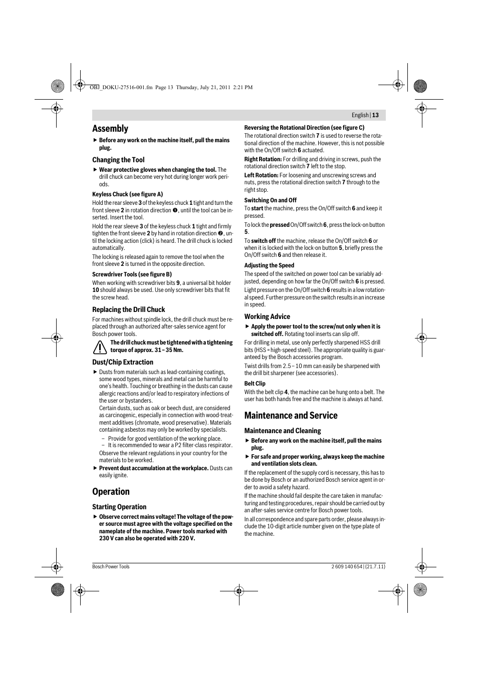 Assembly, Operation, Maintenance and service | Bosch GBM 6 RE Professional User Manual | Page 13 / 130