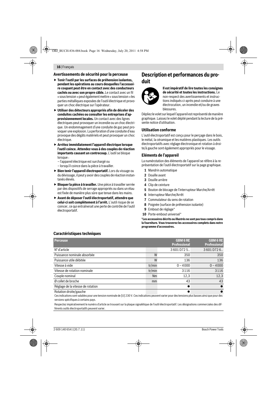 Description et performances du pro- duit | Bosch GBM 6 RE Professional User Manual | Page 16 / 130