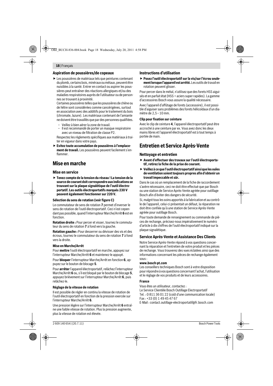 Mise en marche, Entretien et service après-vente | Bosch GBM 6 RE Professional User Manual | Page 18 / 130