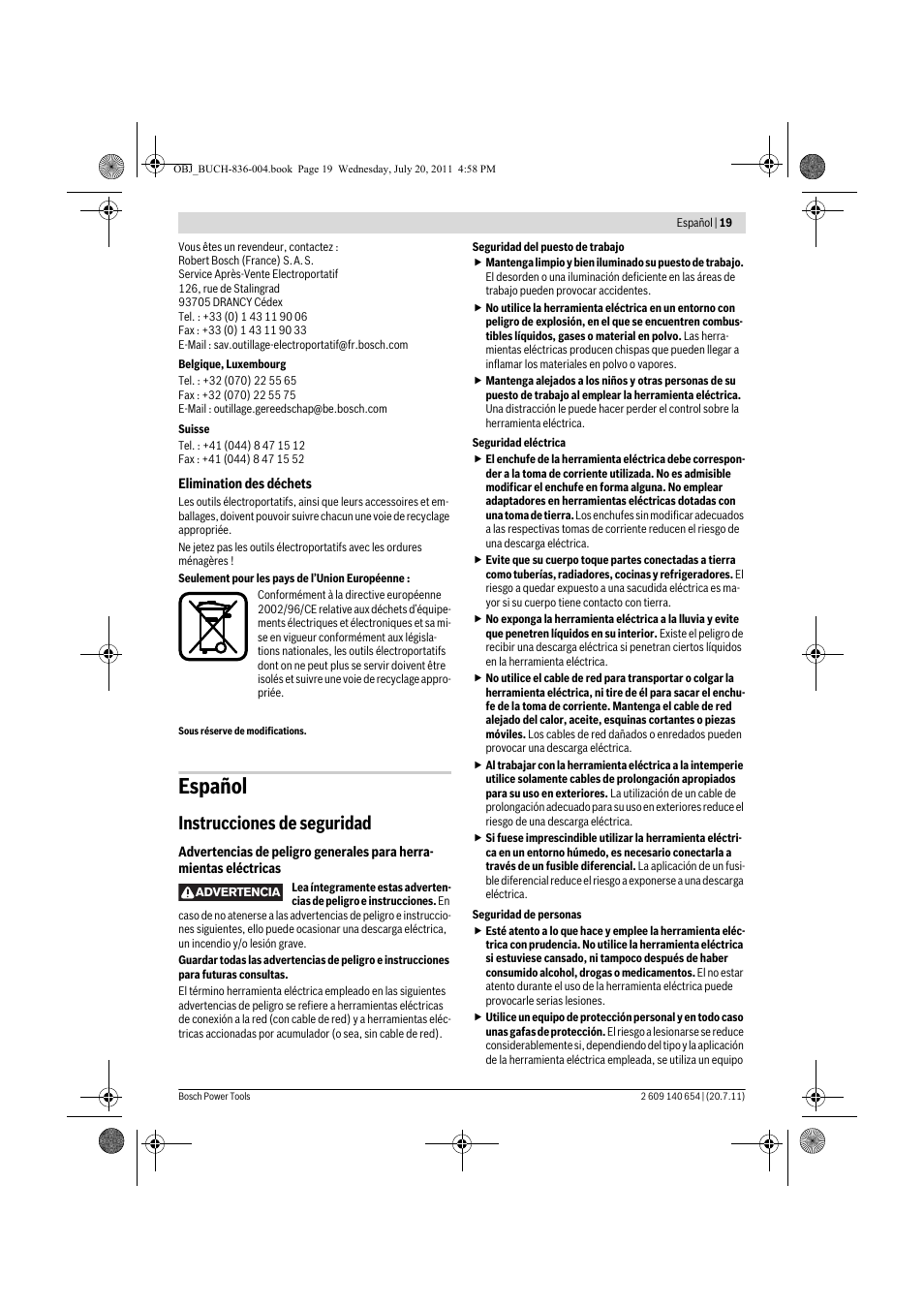 Español, Instrucciones de seguridad | Bosch GBM 6 RE Professional User Manual | Page 19 / 130