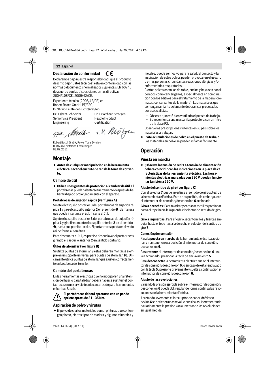 Montaje, Operación | Bosch GBM 6 RE Professional User Manual | Page 22 / 130