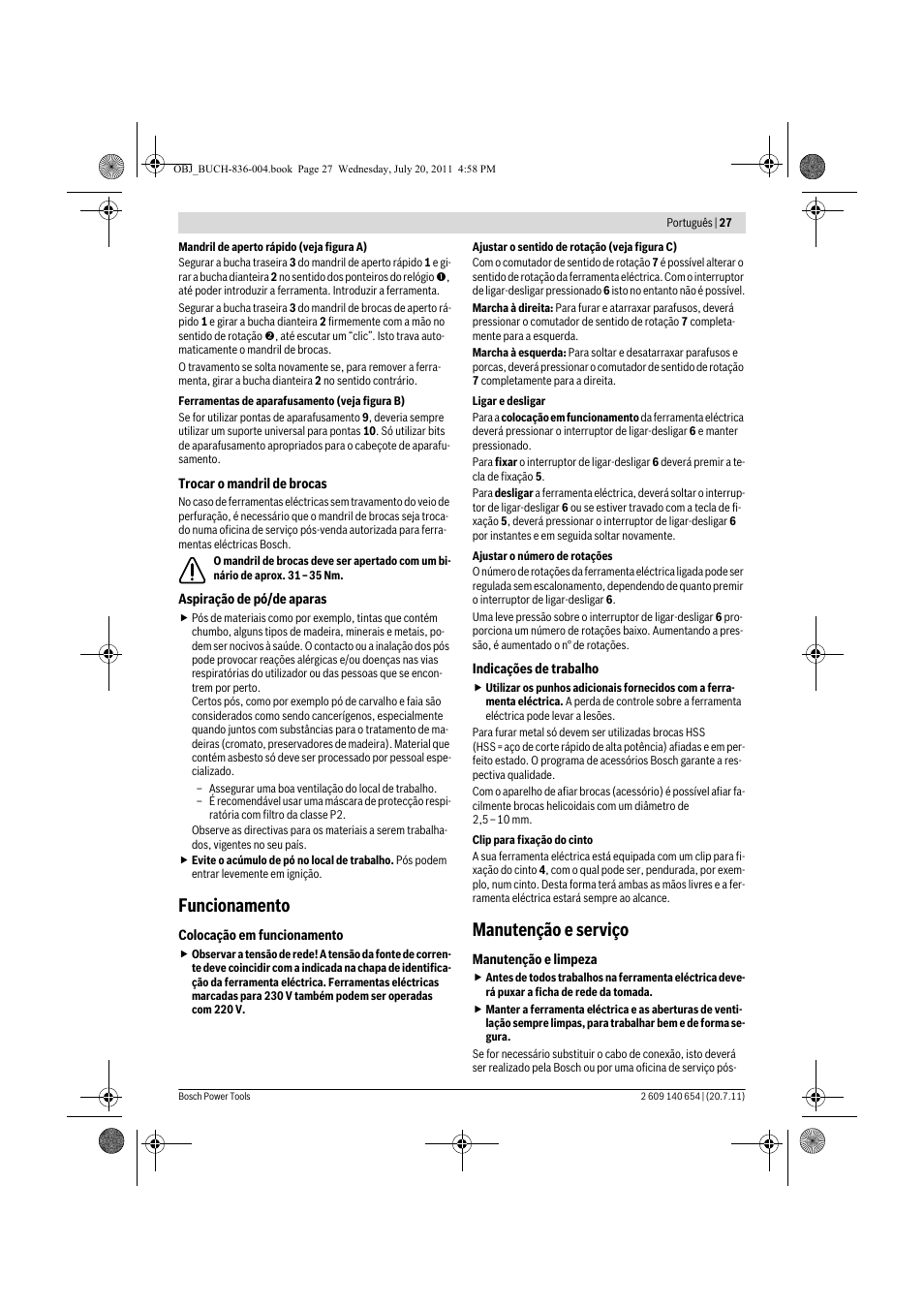Funcionamento, Manutenção e serviço | Bosch GBM 6 RE Professional User Manual | Page 27 / 130