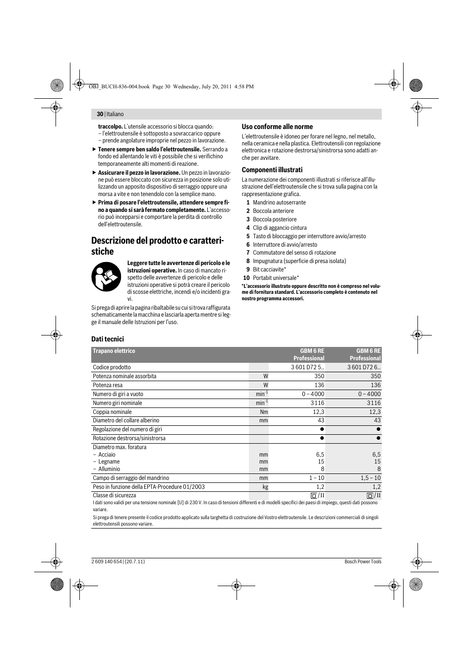 Descrizione del prodotto e caratteri- stiche | Bosch GBM 6 RE Professional User Manual | Page 30 / 130