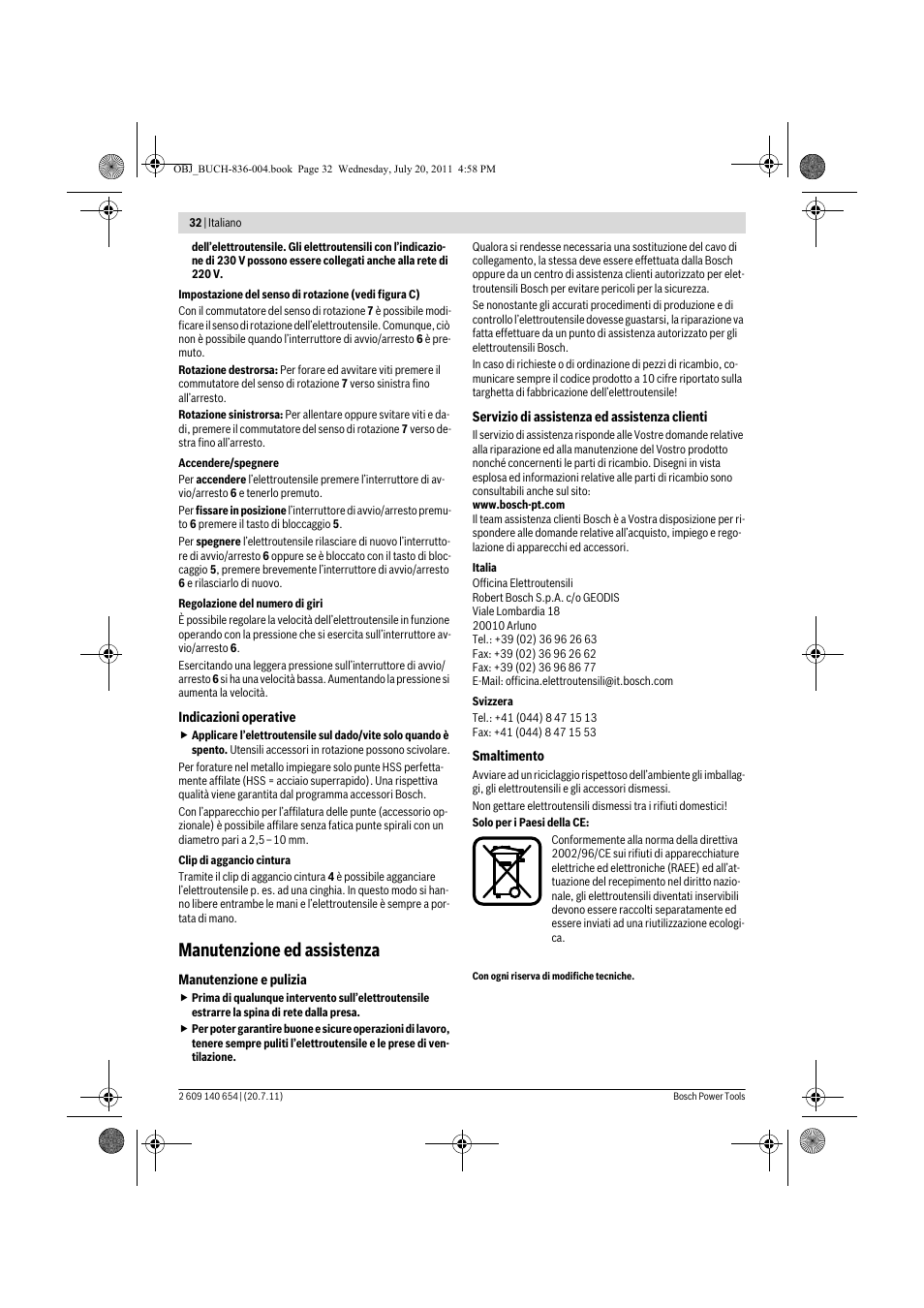 Manutenzione ed assistenza | Bosch GBM 6 RE Professional User Manual | Page 32 / 130