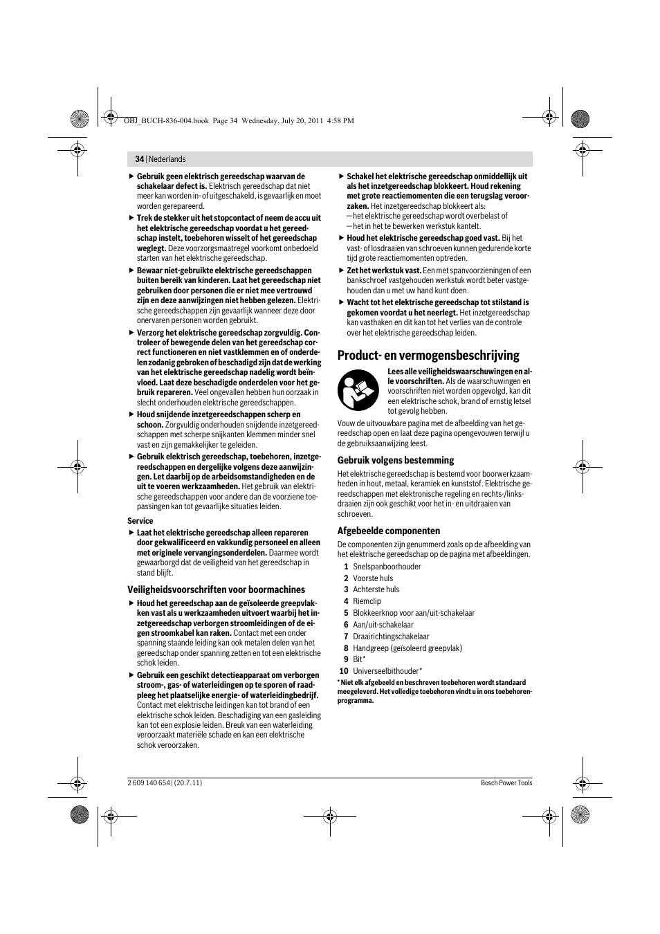 Product- en vermogensbeschrijving | Bosch GBM 6 RE Professional User Manual | Page 34 / 130
