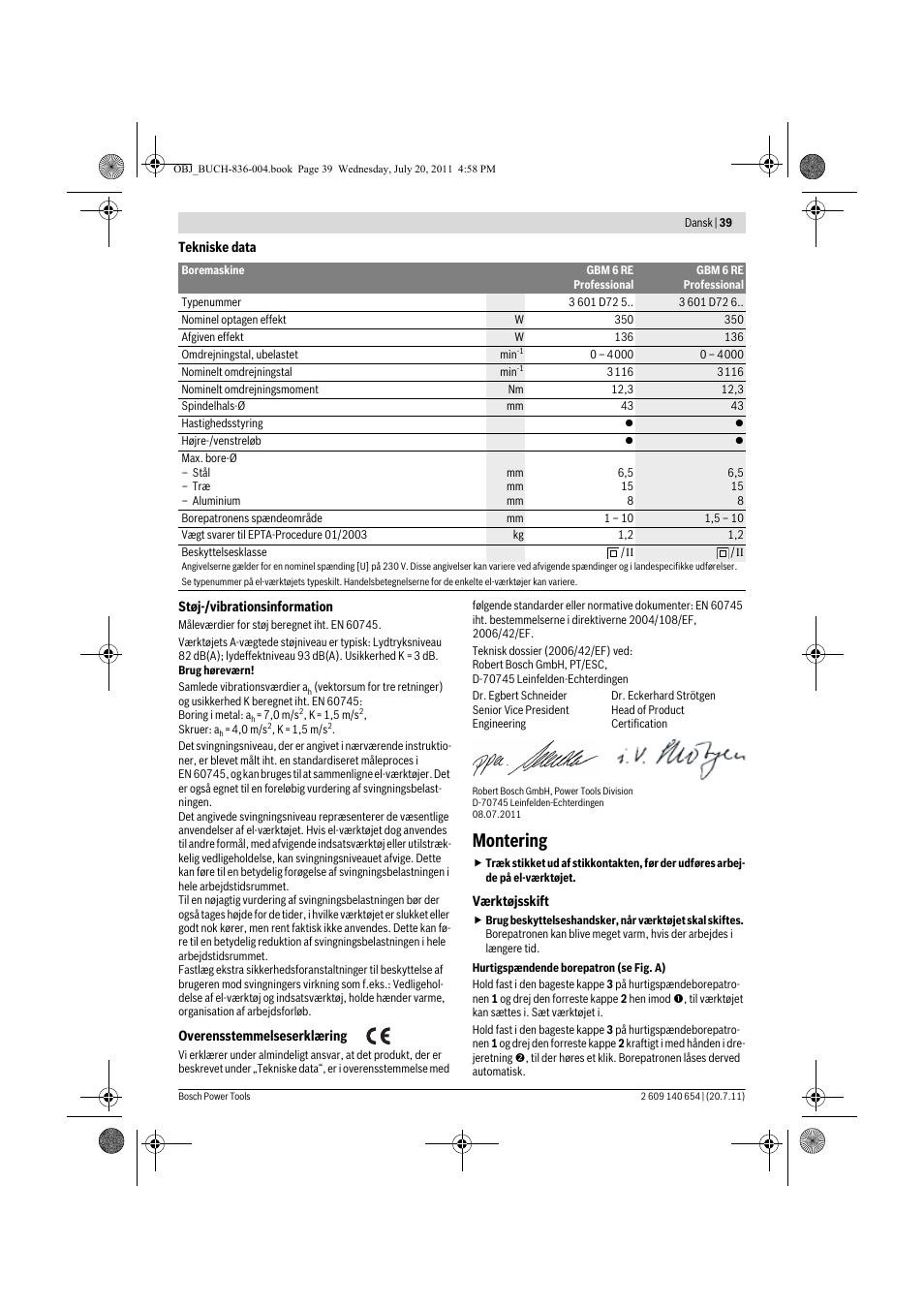Montering | Bosch GBM 6 RE Professional User Manual | Page 39 / 130