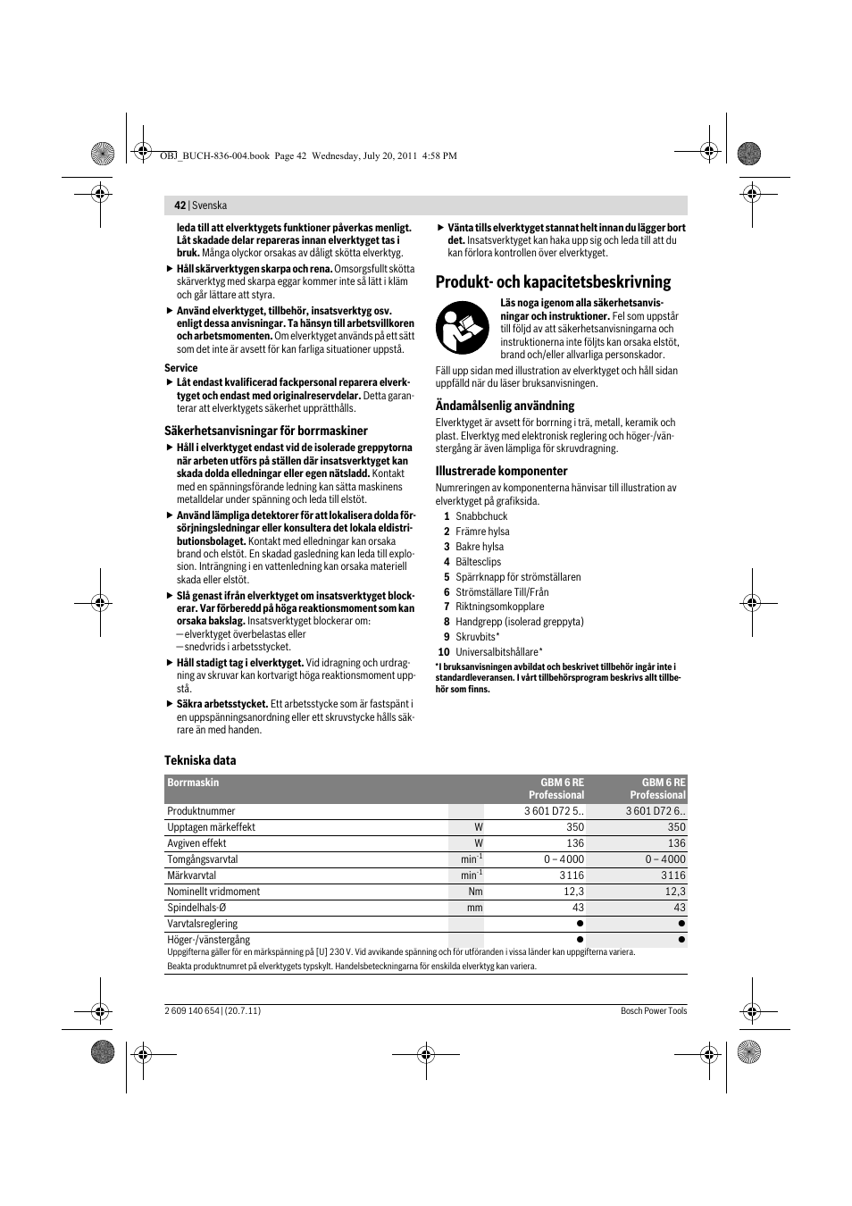 Produkt- och kapacitetsbeskrivning | Bosch GBM 6 RE Professional User Manual | Page 42 / 130