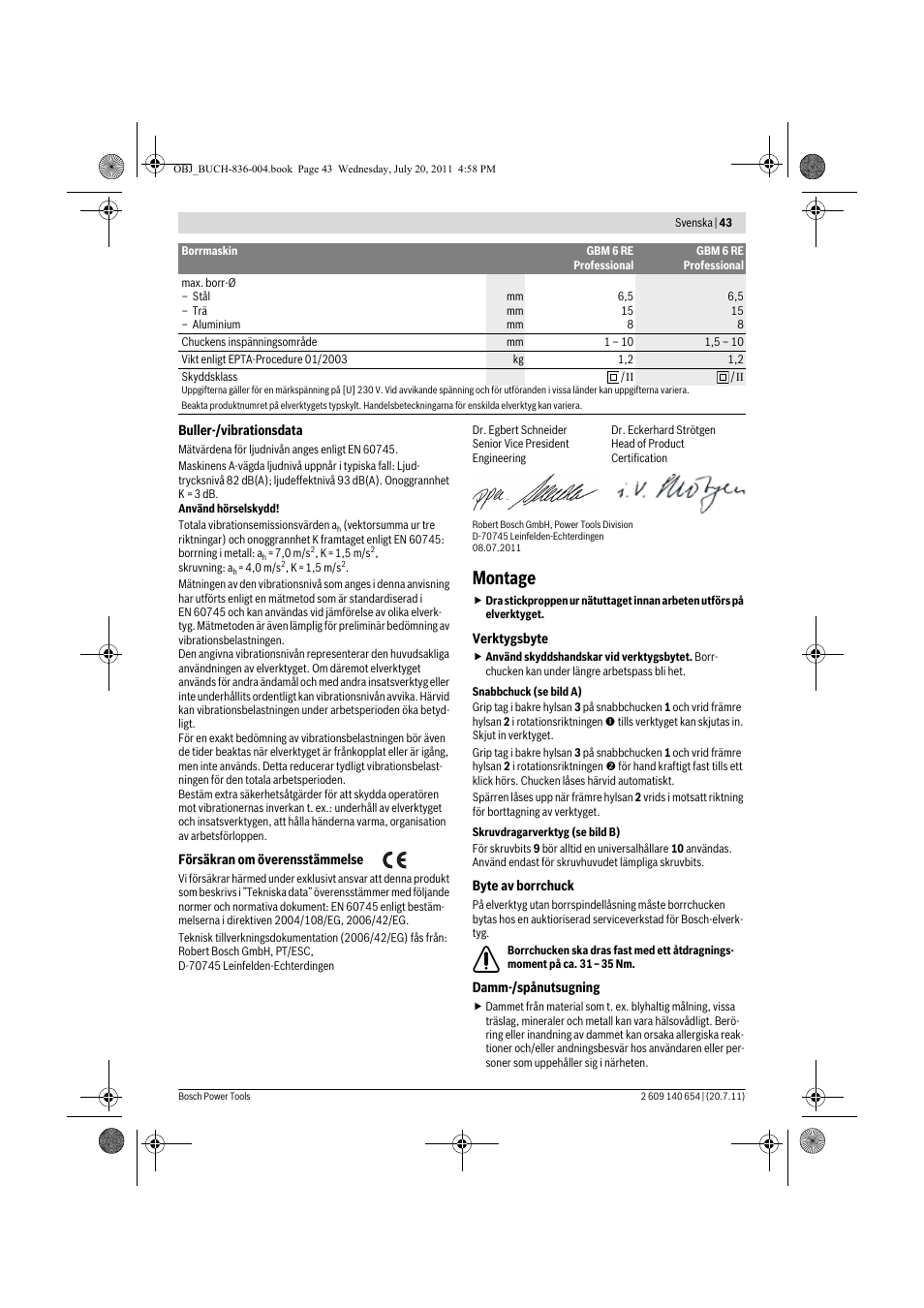 Montage | Bosch GBM 6 RE Professional User Manual | Page 43 / 130