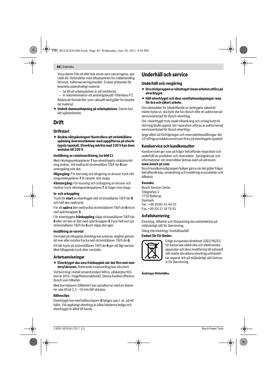 Drift, Underhåll och service | Bosch GBM 6 RE Professional User Manual | Page 44 / 130