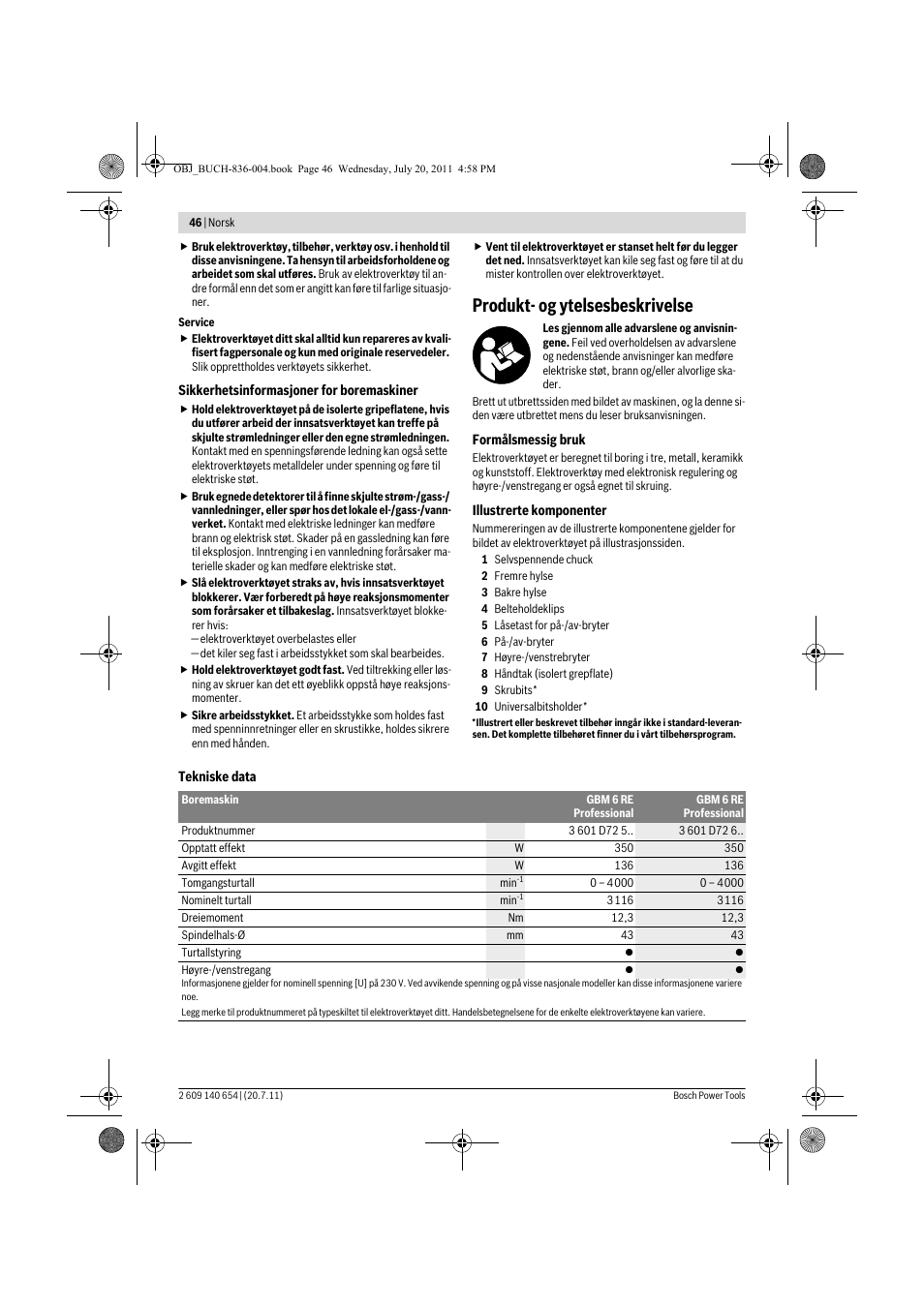Produkt- og ytelsesbeskrivelse | Bosch GBM 6 RE Professional User Manual | Page 46 / 130