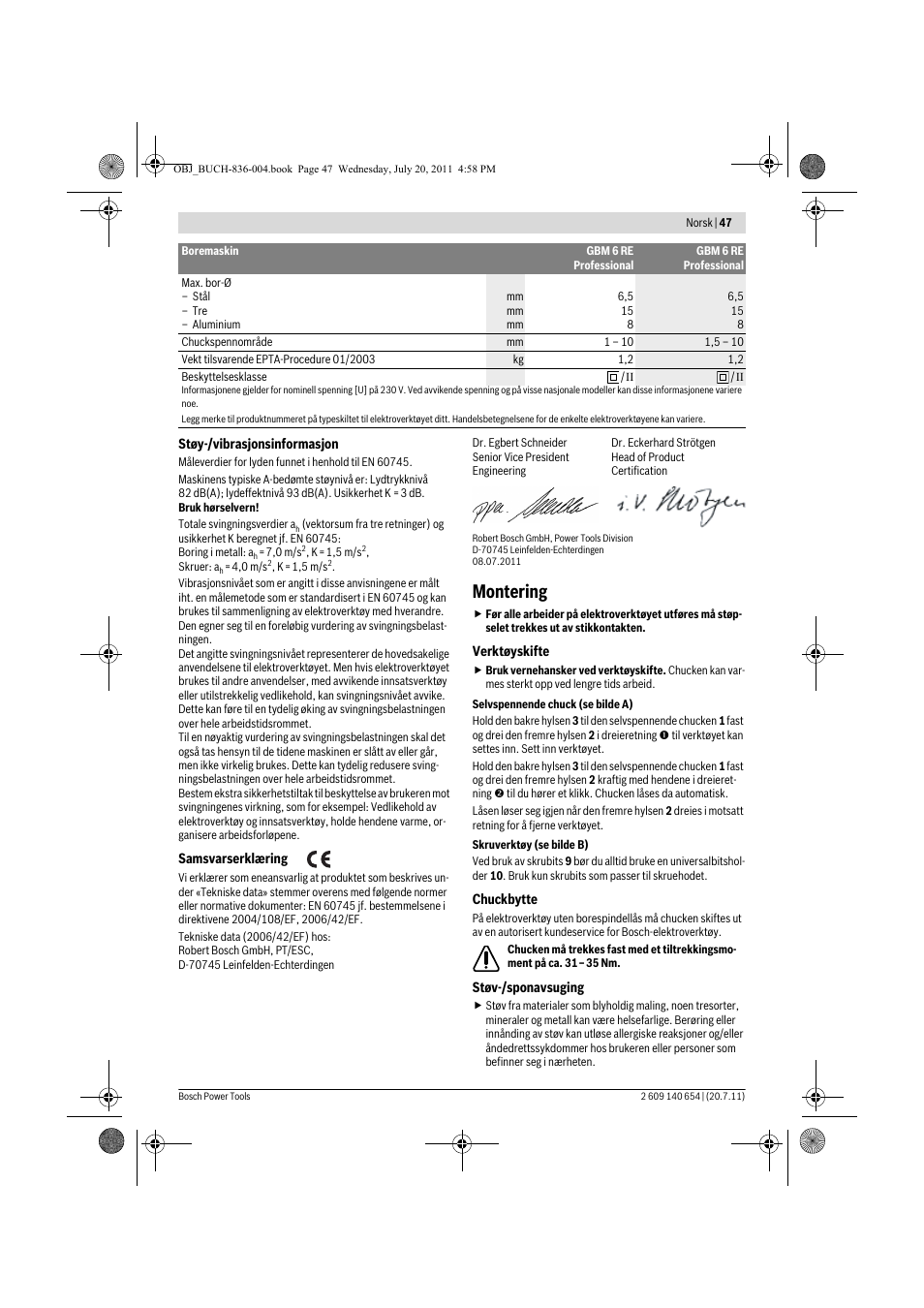 Montering | Bosch GBM 6 RE Professional User Manual | Page 47 / 130
