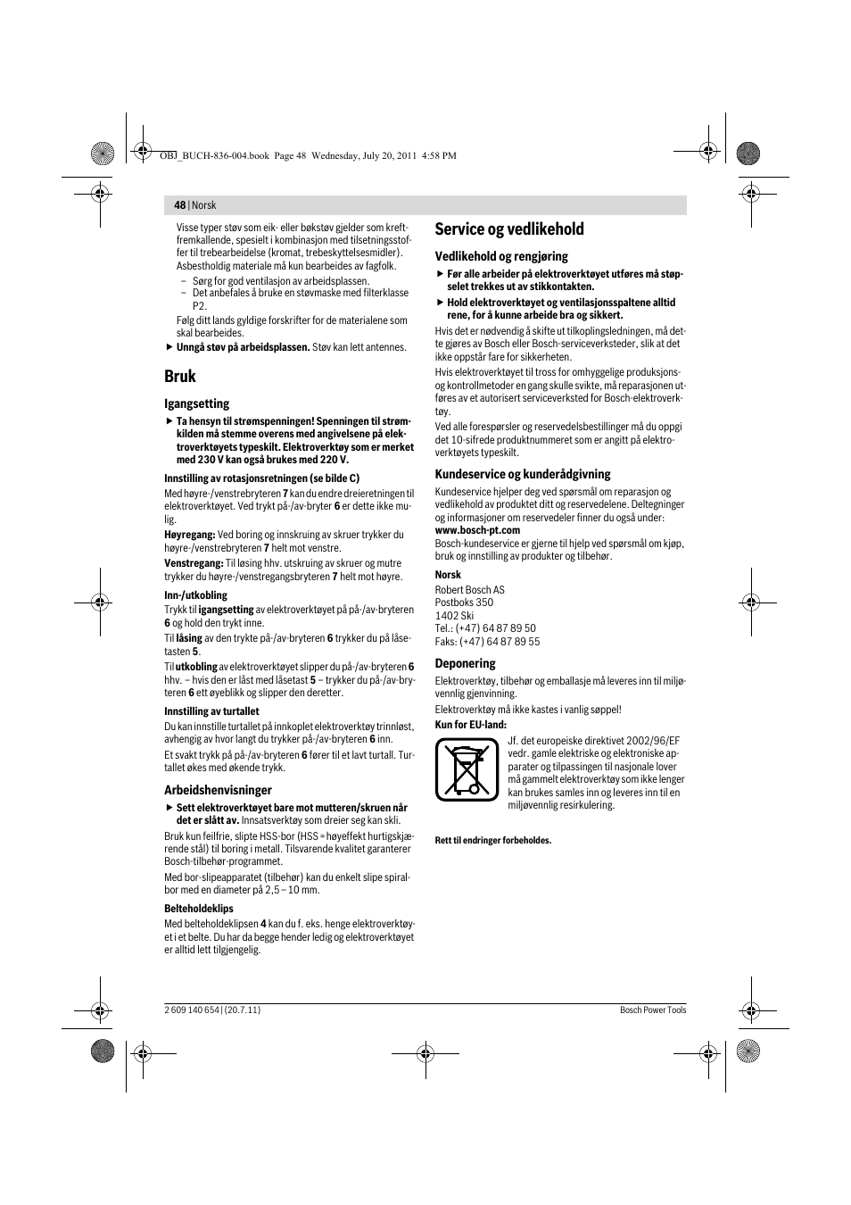 Bruk, Service og vedlikehold | Bosch GBM 6 RE Professional User Manual | Page 48 / 130