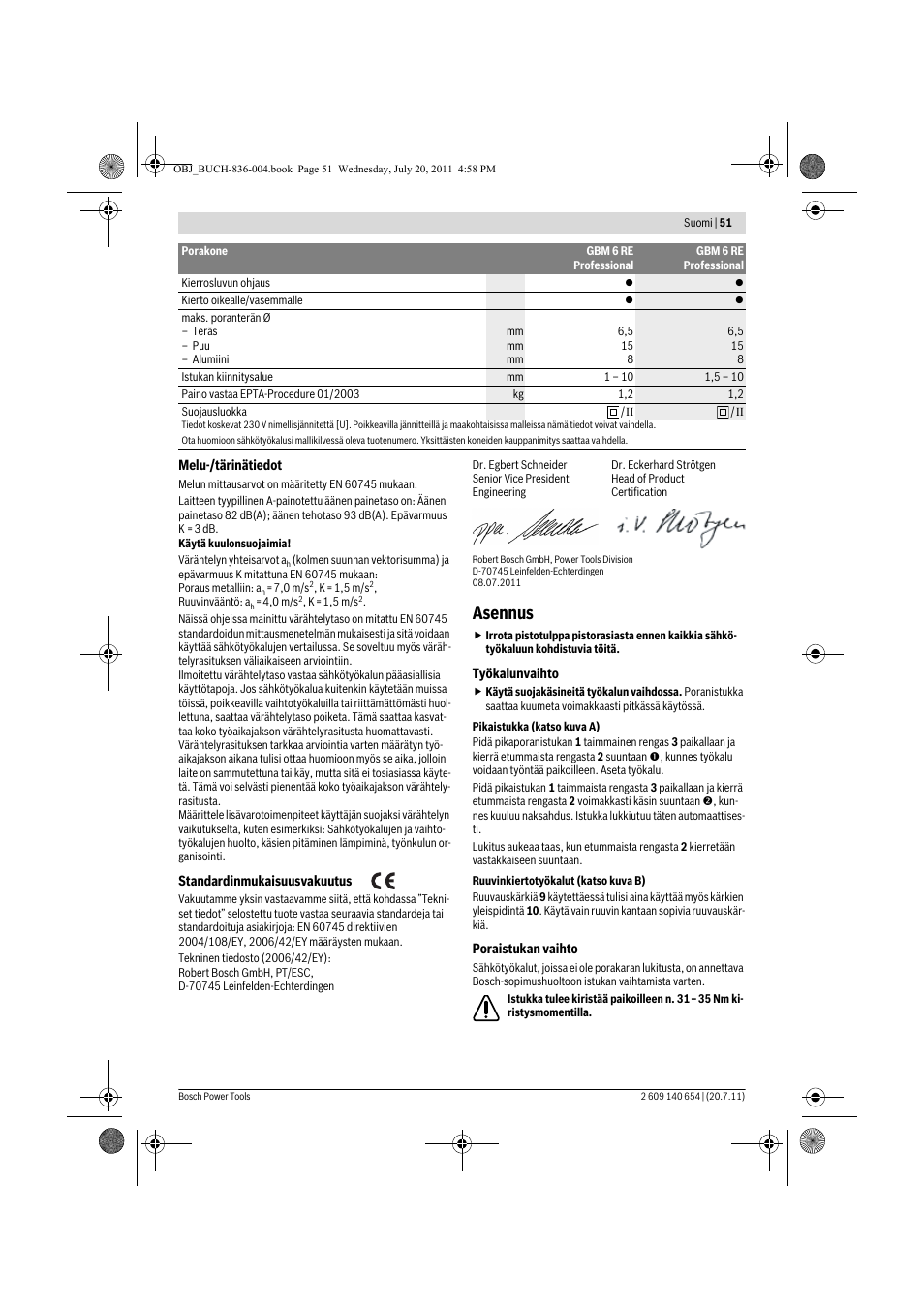 Asennus | Bosch GBM 6 RE Professional User Manual | Page 51 / 130