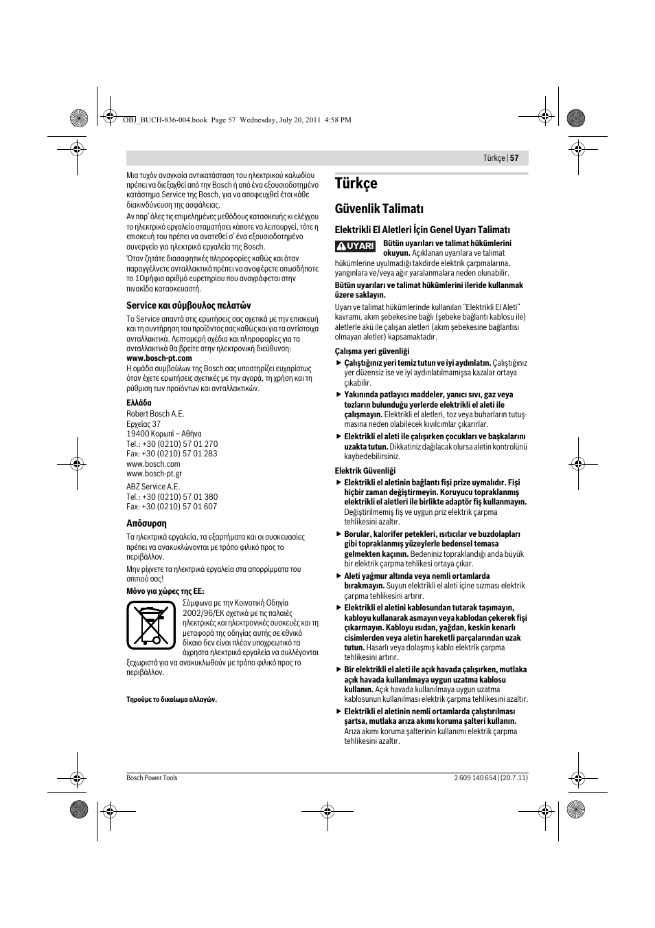 Türkçe, Güvenlik talimat | Bosch GBM 6 RE Professional User Manual | Page 57 / 130