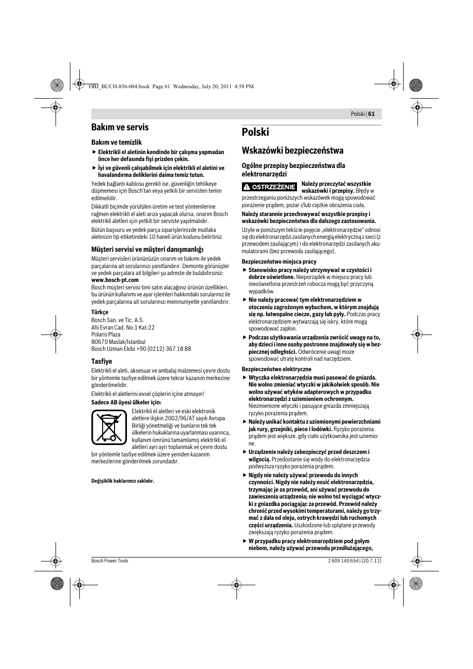 Polski, Bak m ve servis, Wskazówki bezpieczeństwa | Bosch GBM 6 RE Professional User Manual | Page 61 / 130