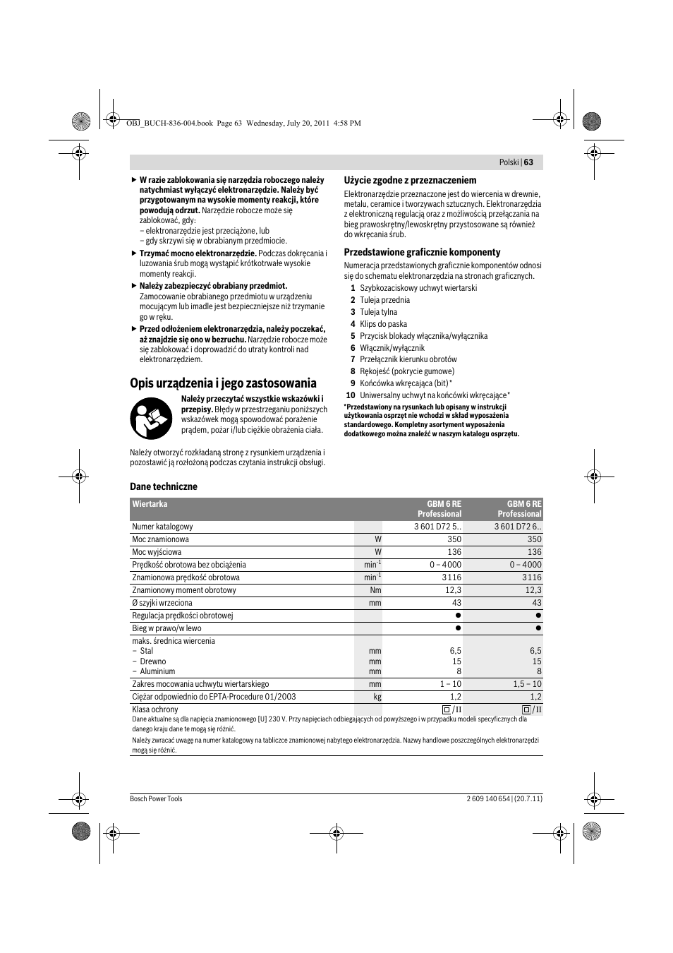 Opis urządzenia i jego zastosowania | Bosch GBM 6 RE Professional User Manual | Page 63 / 130