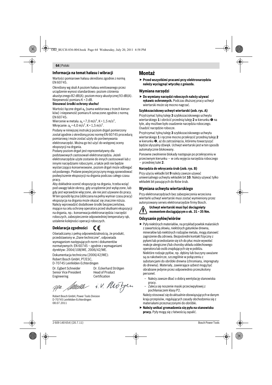 Montaż | Bosch GBM 6 RE Professional User Manual | Page 64 / 130