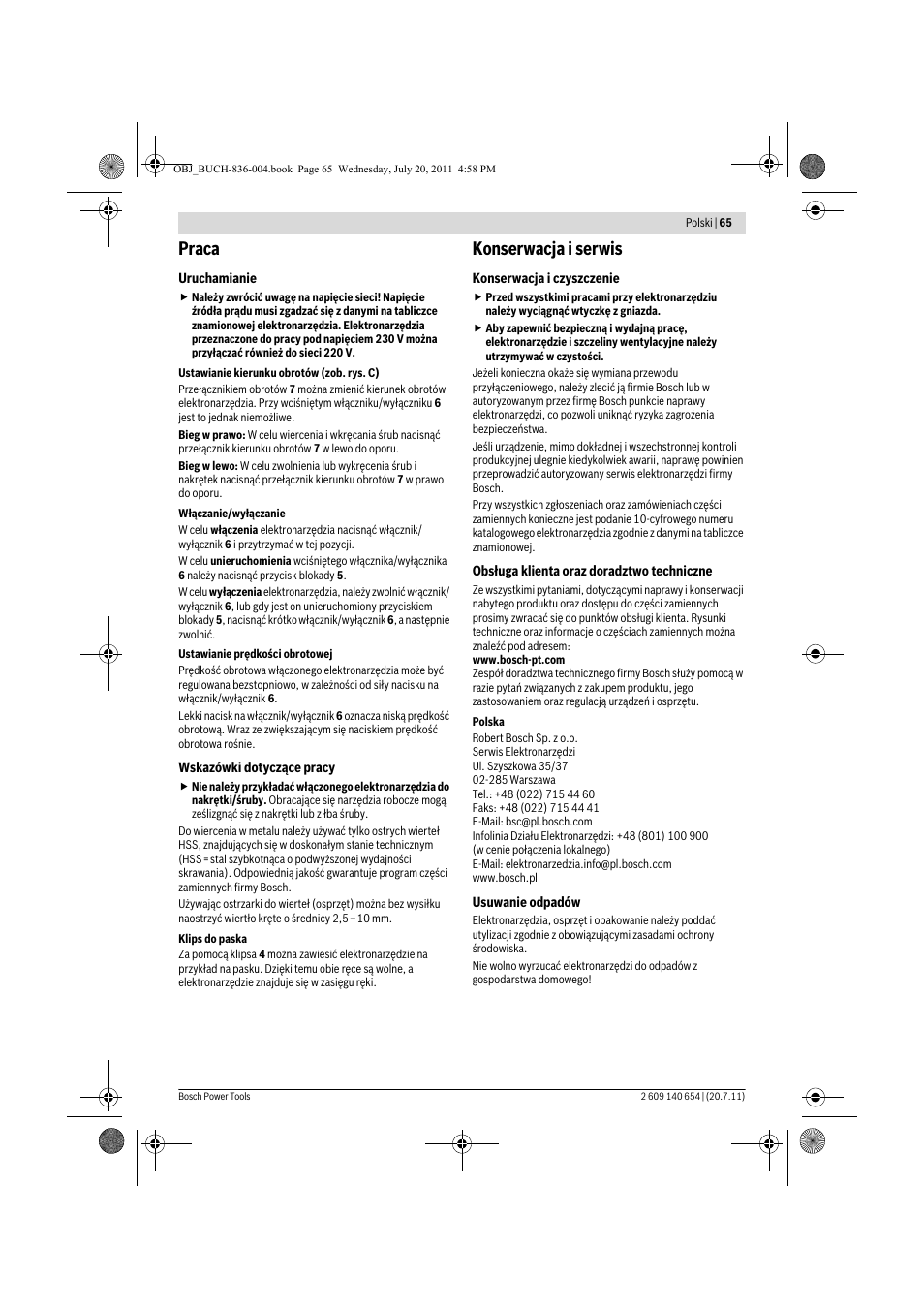 Praca, Konserwacja i serwis | Bosch GBM 6 RE Professional User Manual | Page 65 / 130