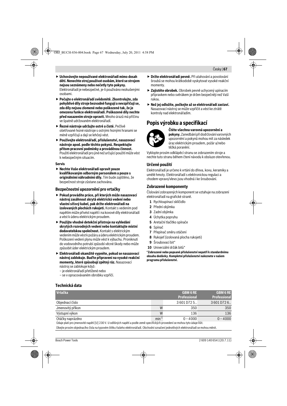 Popis výrobku a specifikací | Bosch GBM 6 RE Professional User Manual | Page 67 / 130