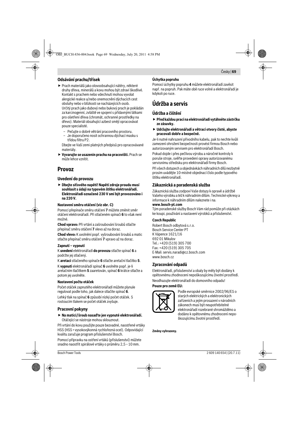 Provoz, Údržba a servis | Bosch GBM 6 RE Professional User Manual | Page 69 / 130