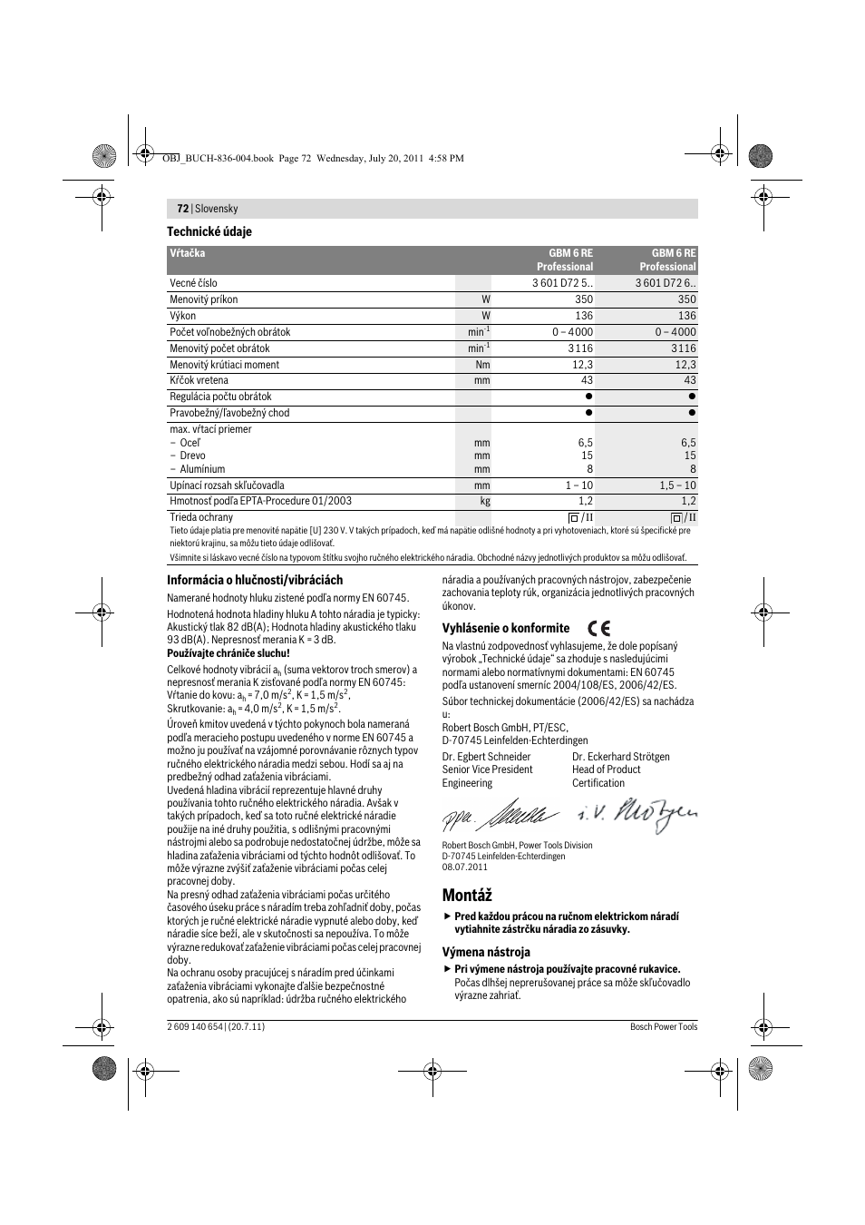 Montáž | Bosch GBM 6 RE Professional User Manual | Page 72 / 130