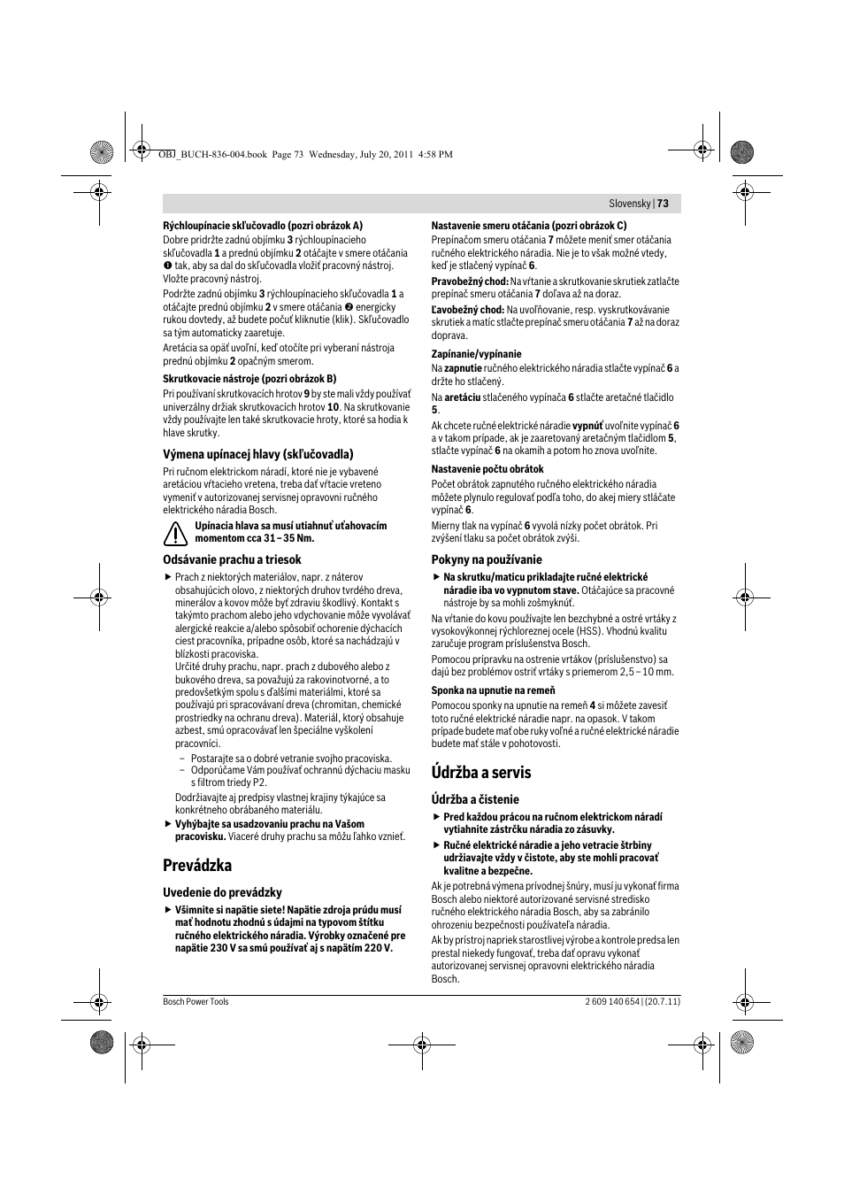 Prevádzka, Údržba a servis | Bosch GBM 6 RE Professional User Manual | Page 73 / 130