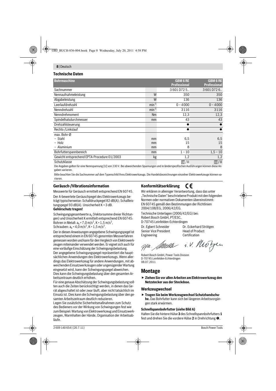 Montage | Bosch GBM 6 RE Professional User Manual | Page 8 / 130