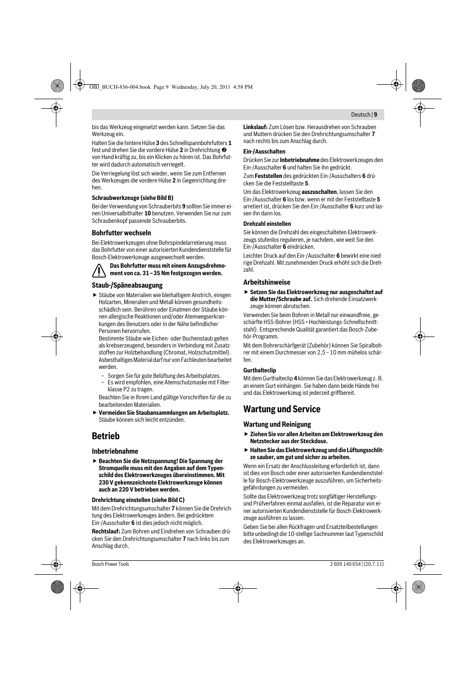 Betrieb, Wartung und service | Bosch GBM 6 RE Professional User Manual | Page 9 / 130